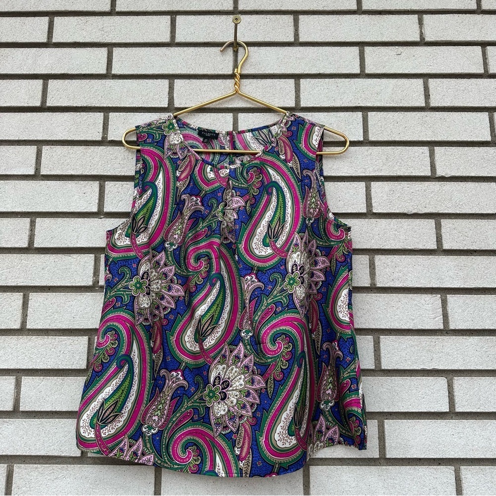 Talbots 100% Silk Jewel Tone Paisley Tank Shell Top Multicolor Petite 12P Boho - Picture 2 of 9